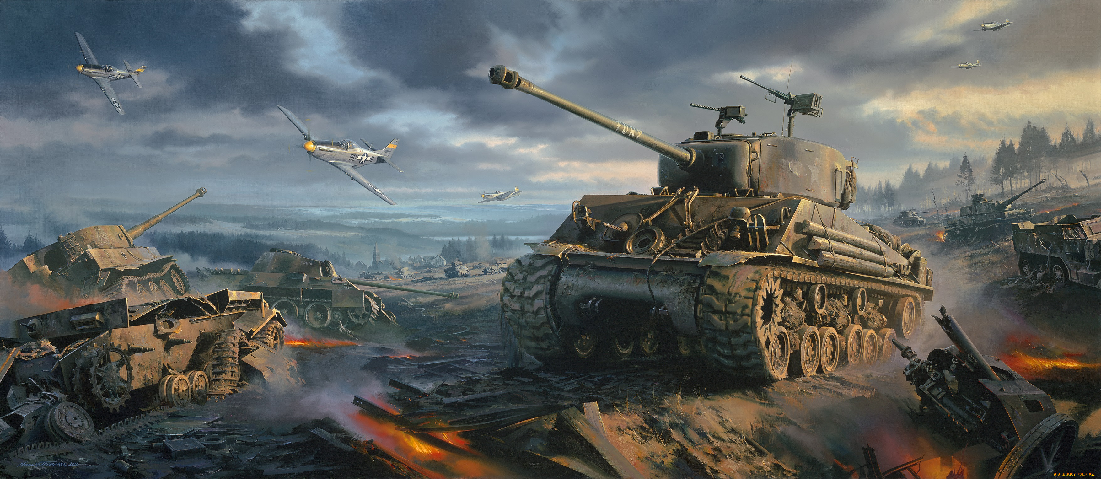 , , movie, fury, painting, art, war, p-51, mustang, ww2, sherman, tank